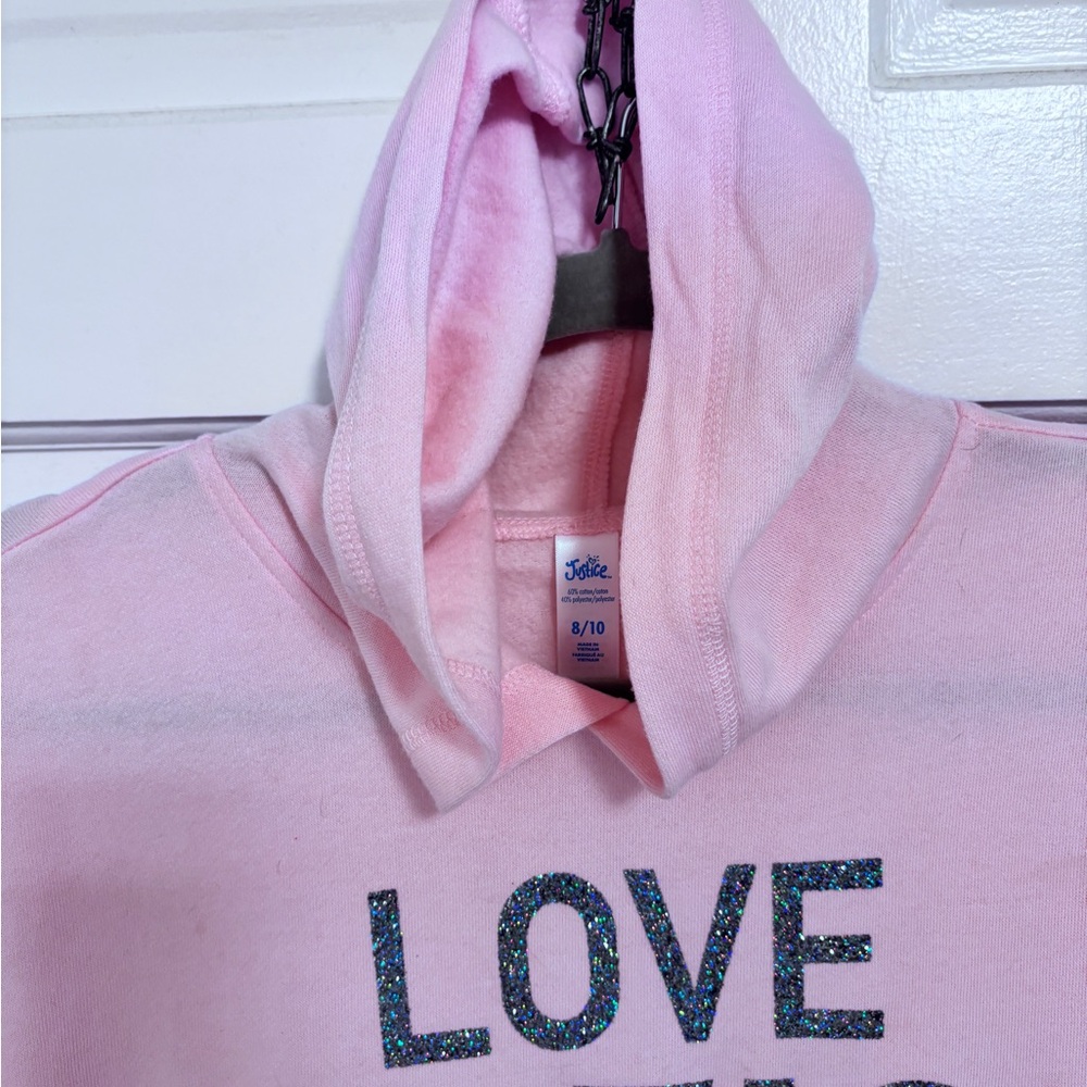 Justice Light Pink SweatshiHoodie with Love Justice sparkling Graphic girls 8-10 - Picture 3 of 10